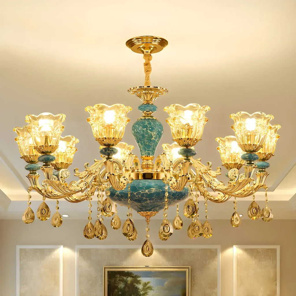 Magnifique lustre à suspension florale en verre bleu et or avec pendentifs