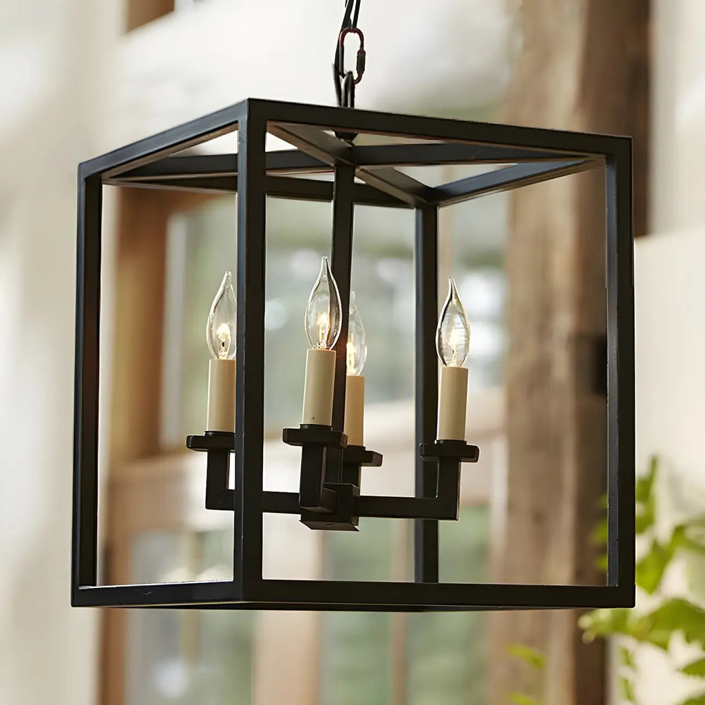 Lustre minimaliste en métal noir carré, lanterne à bougie, lustre à bougie