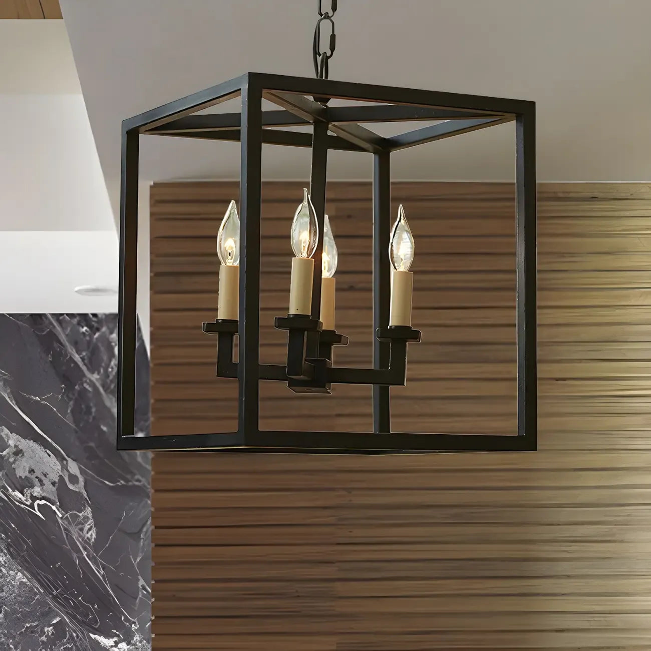 Lustre minimaliste en métal noir carré, lanterne à bougie, lustre à bougie