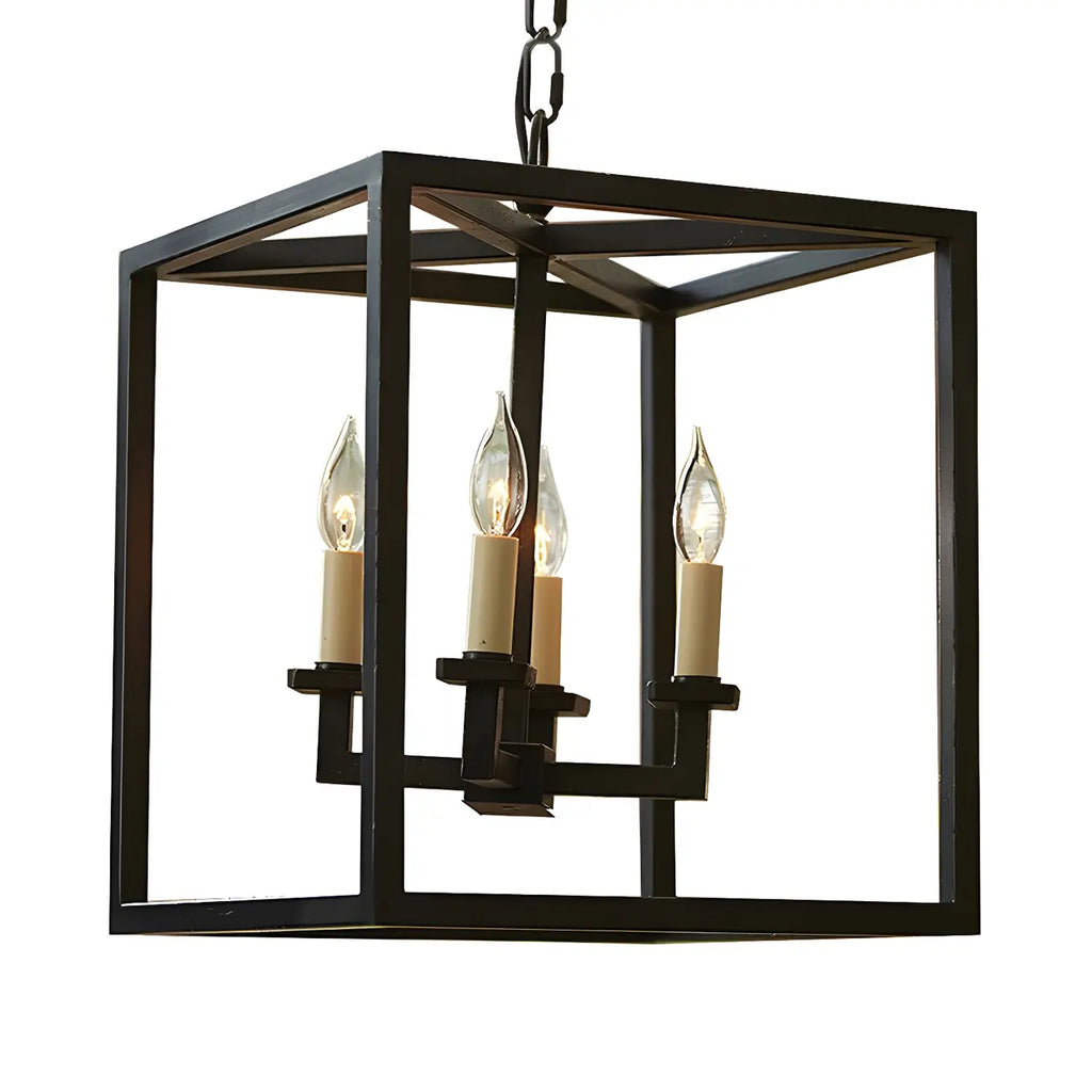 Lustre minimaliste en métal noir carré, lanterne à bougie, lustre à bougie