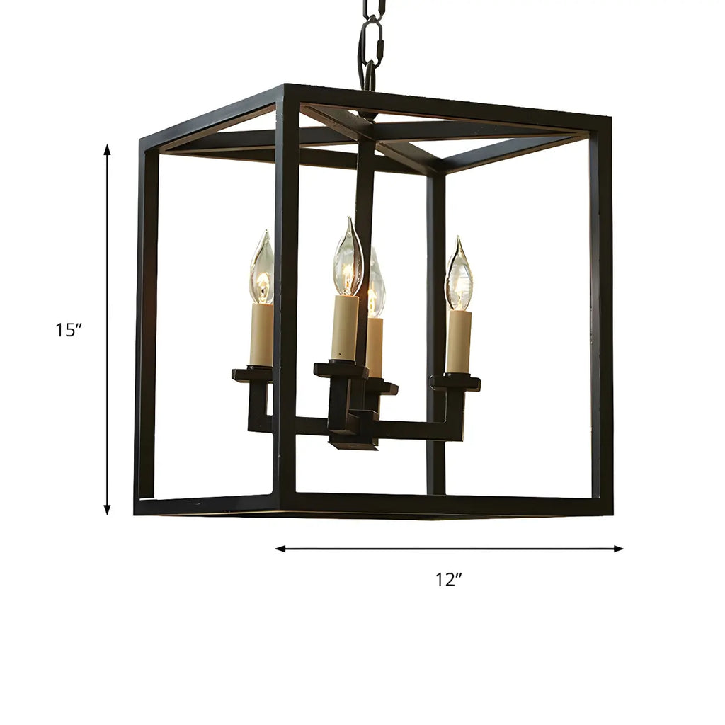 Lustre minimaliste en métal noir carré, lanterne à bougie, lustre à bougie