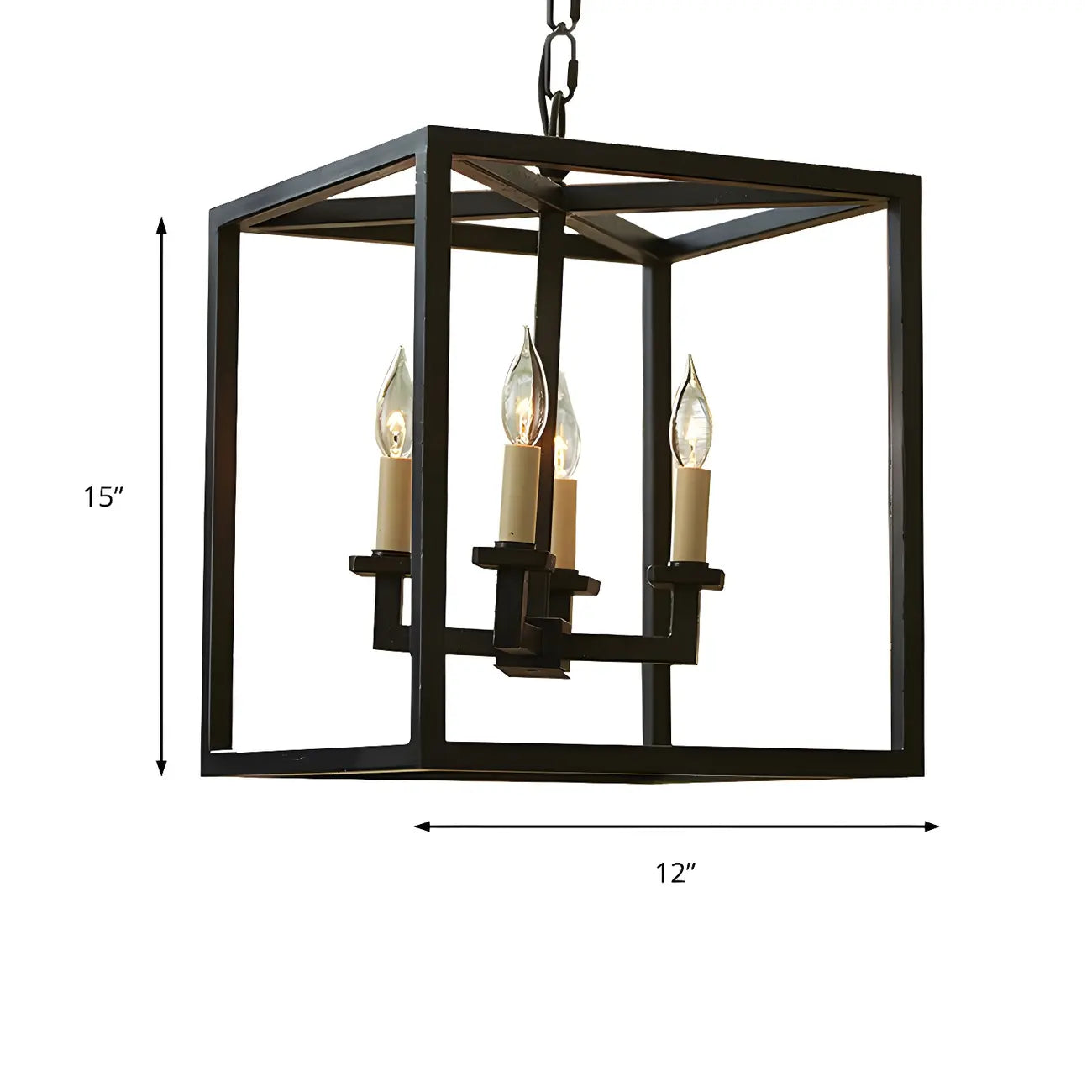 Lustre minimaliste en métal noir carré, lanterne à bougie, lustre à bougie