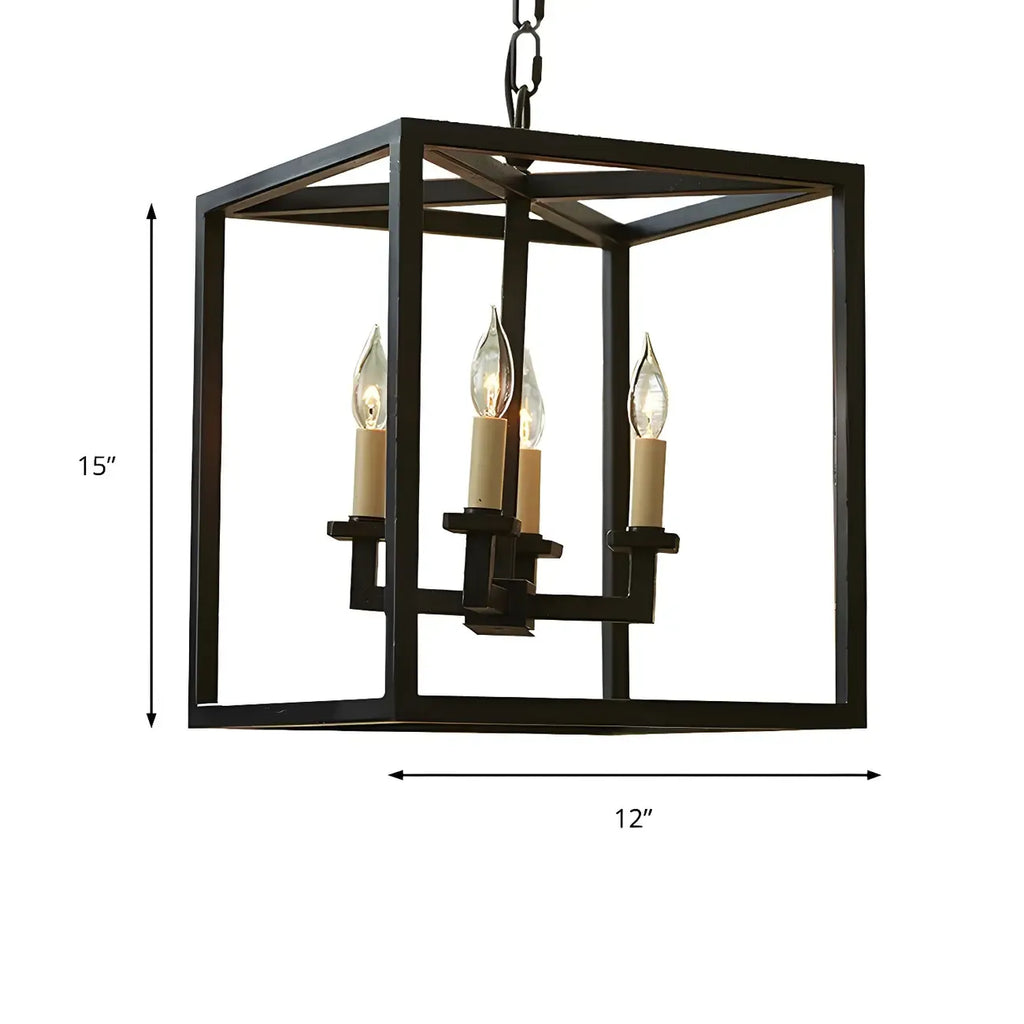 Lustre minimaliste en métal noir carré, lanterne à bougie, lustre à bougie