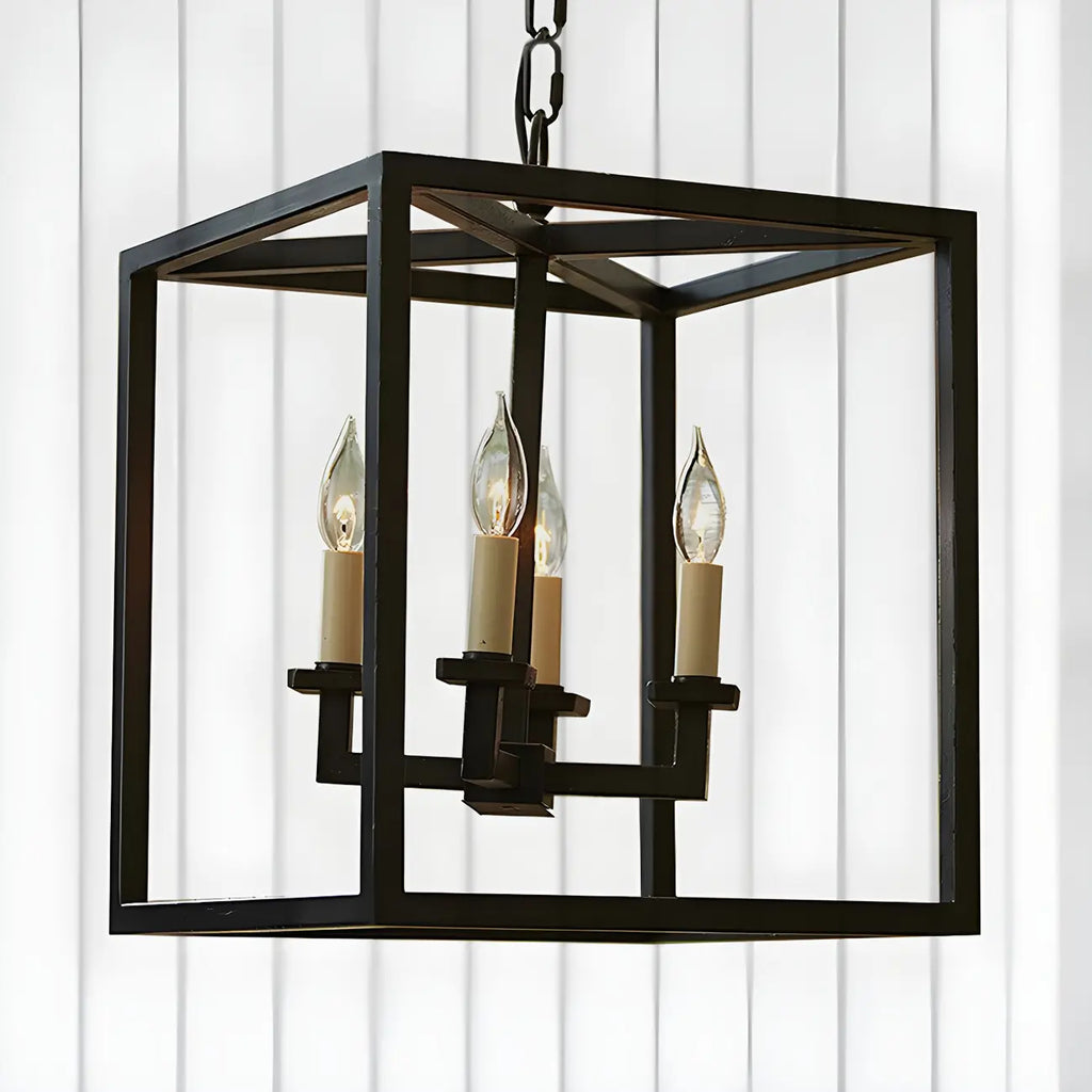Lustre minimaliste en métal noir carré, lanterne à bougie, lustre à bougie