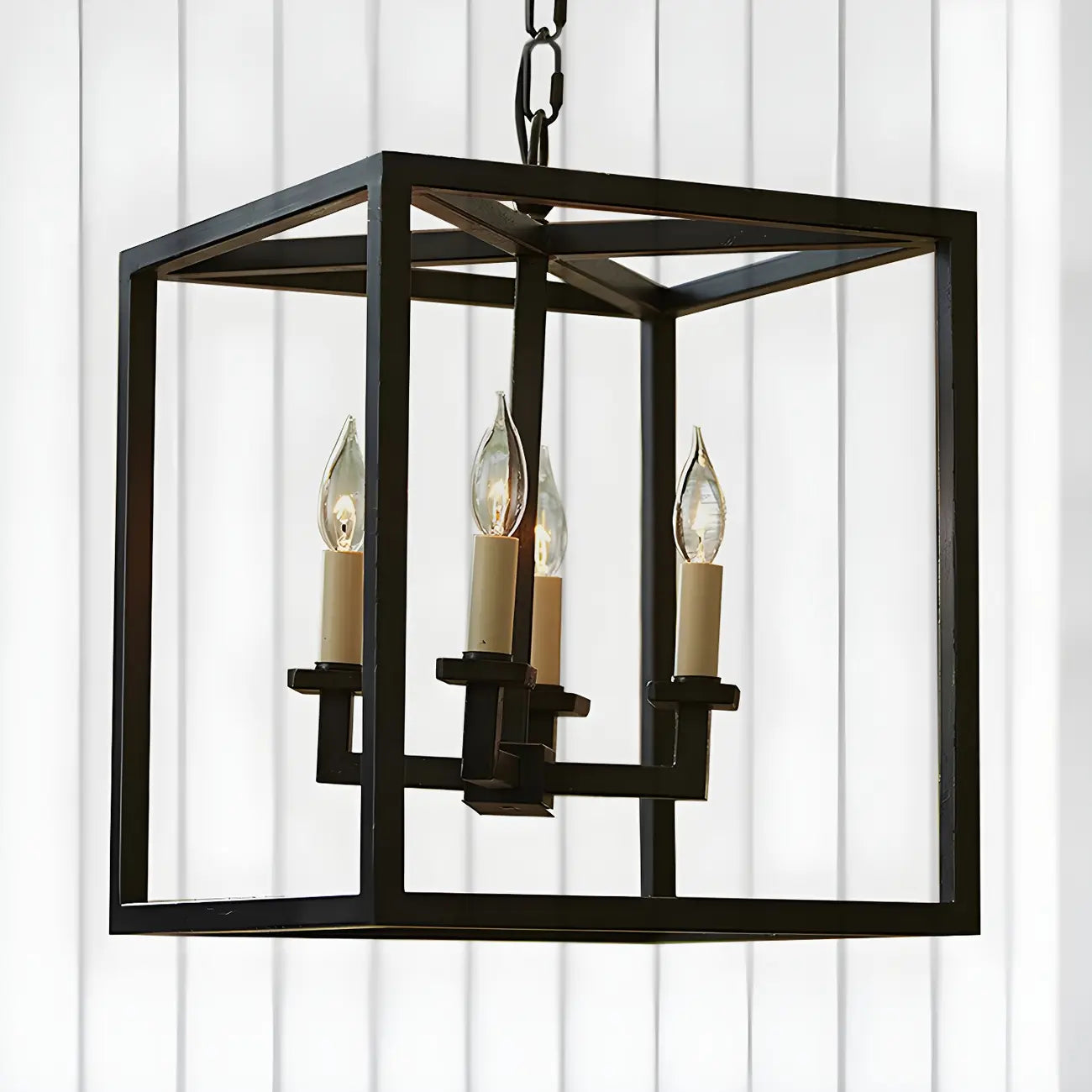 Lustre minimaliste en métal noir carré, lanterne à bougie, lustre à bougie