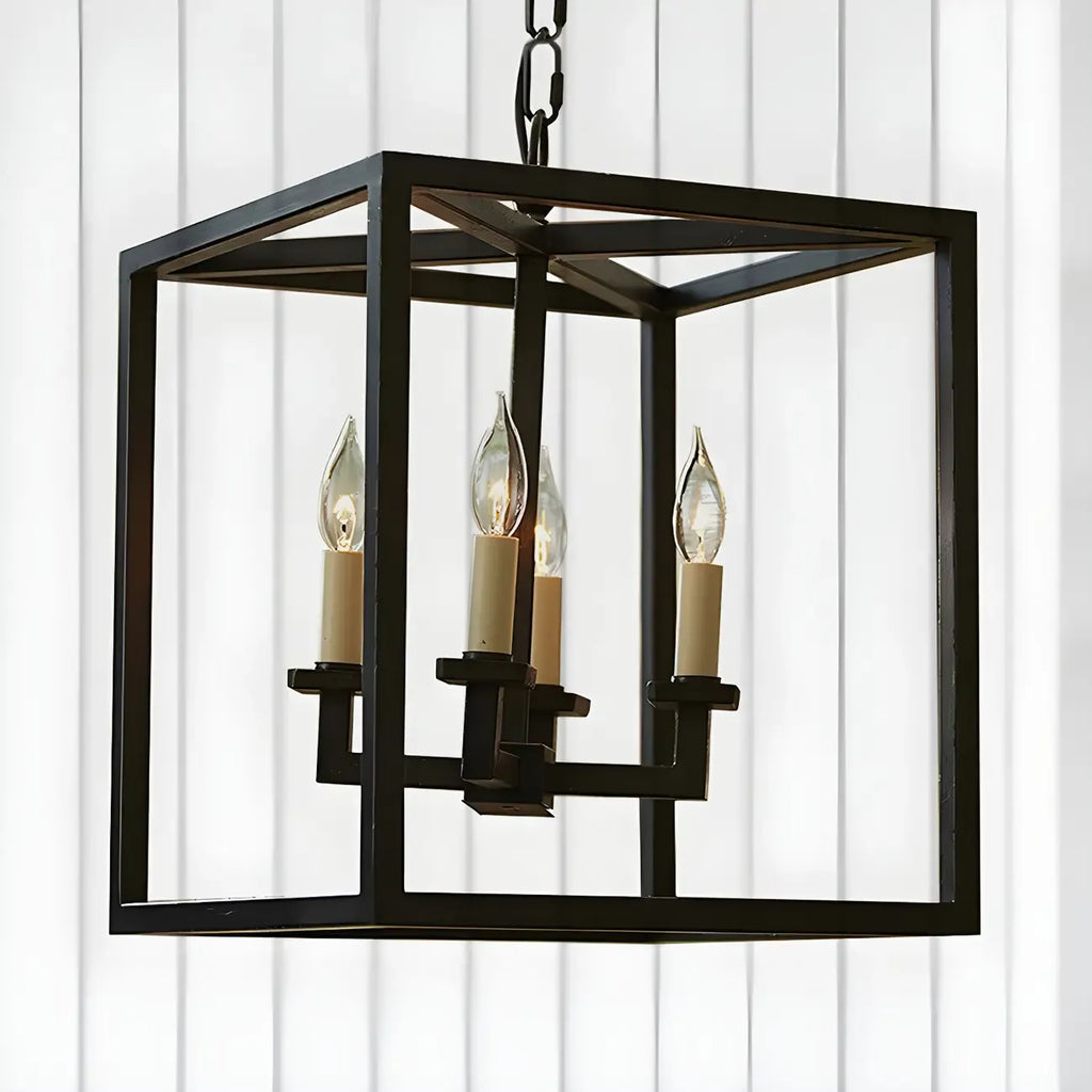 Lustre minimaliste en métal noir carré, lanterne à bougie, lustre à bougie