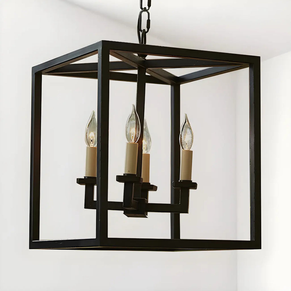 Lustre minimaliste en métal noir carré, lanterne à bougie, lustre à bougie