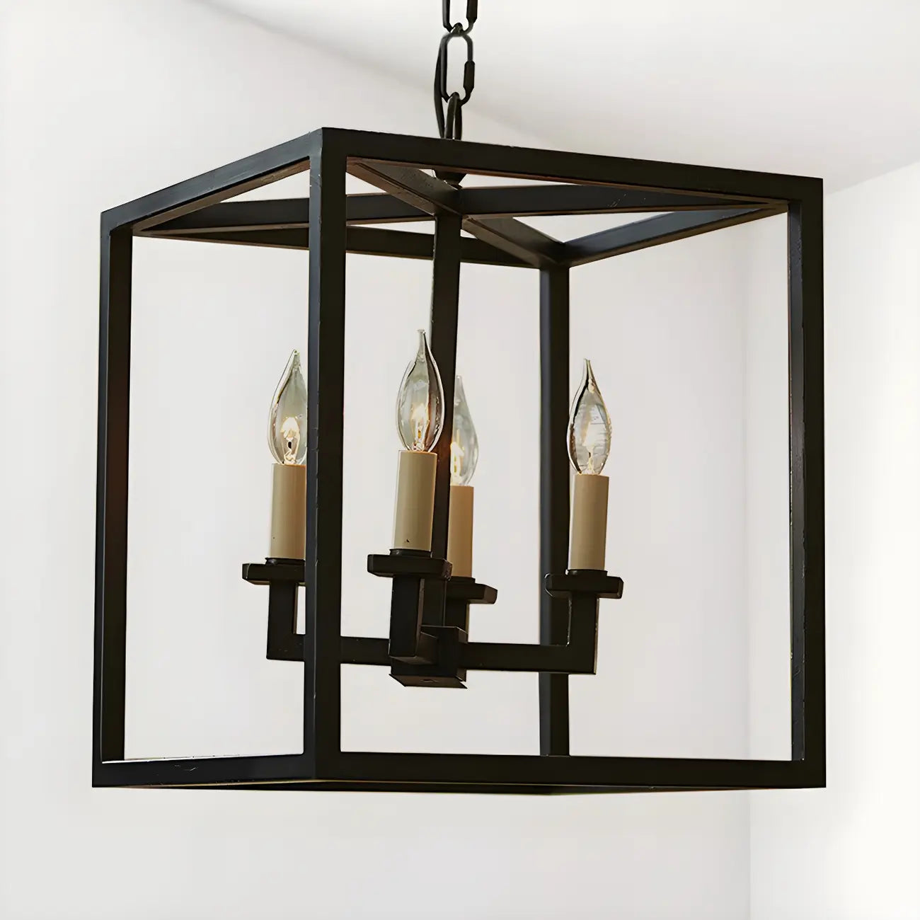 Lustre minimaliste en métal noir carré, lanterne à bougie, lustre à bougie