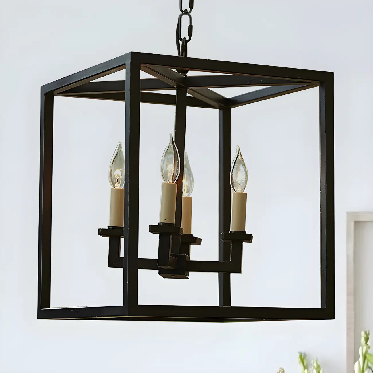 Lustre minimaliste en métal noir carré, lanterne à bougie, lustre à bougie