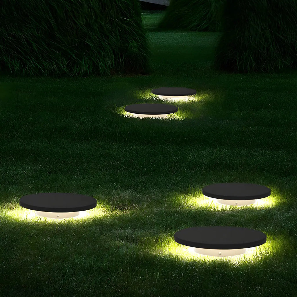 Disque métallique gris mat pour éclairage solaire paysager