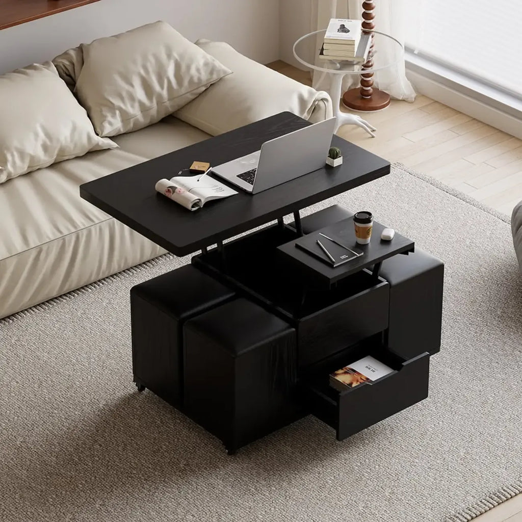 Table basse pliable à plateau relevable avec 4 tabourets et rangement