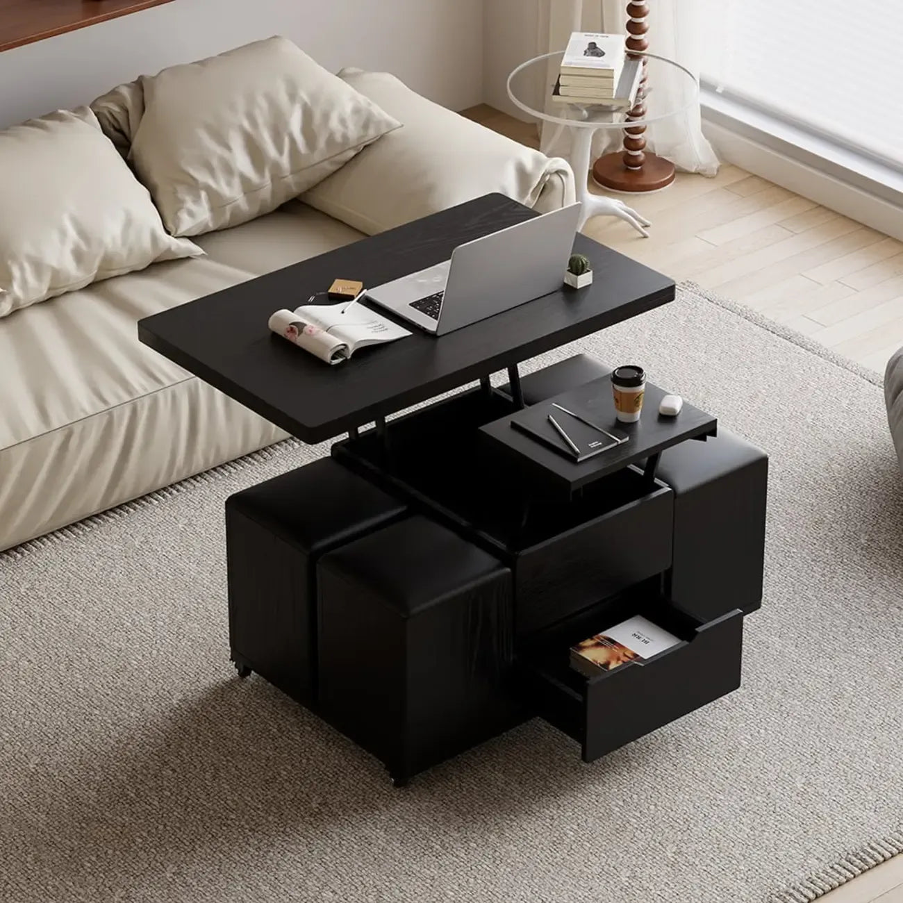 Table basse pliable à plateau relevable avec 4 tabourets et rangement