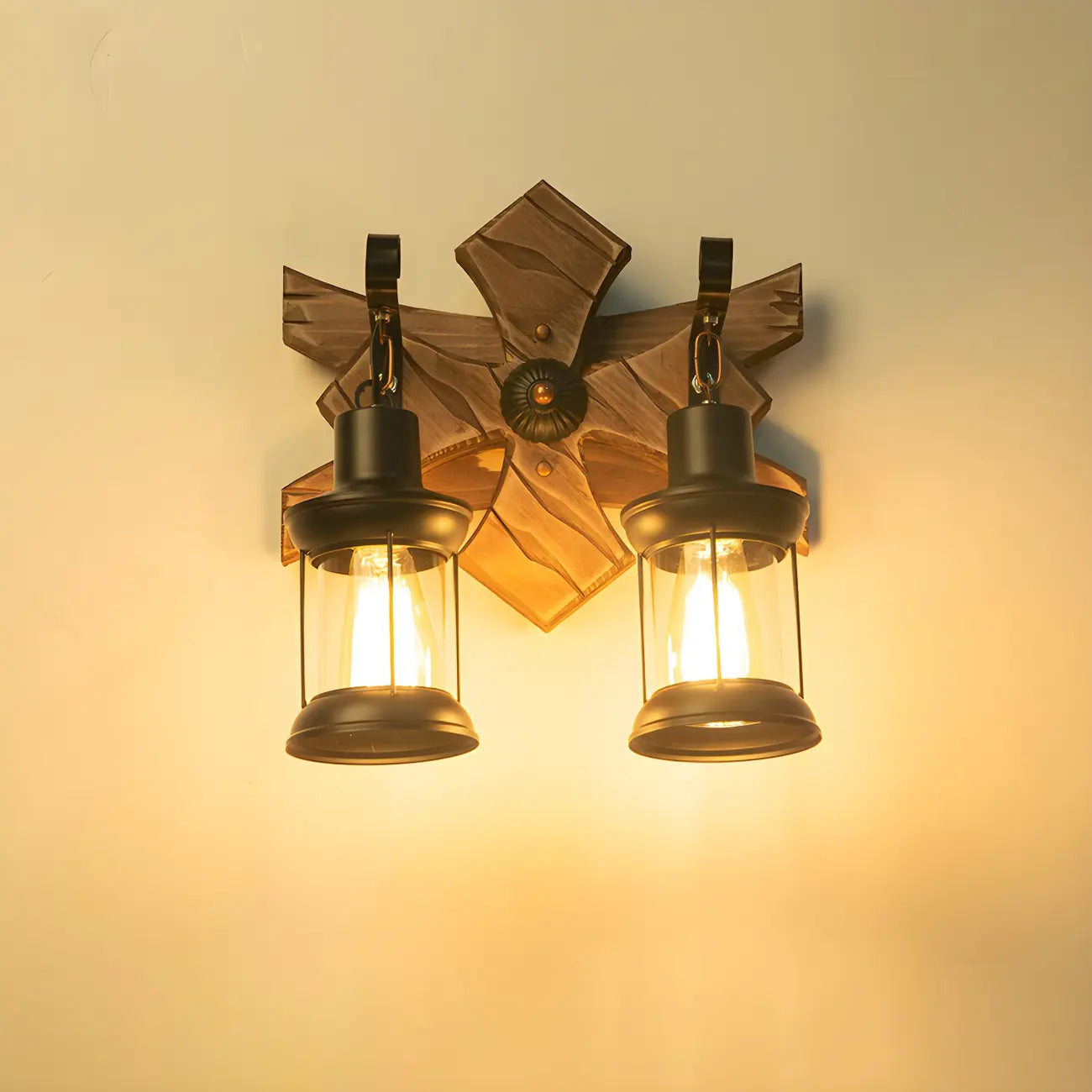 Applique murale LED style lanterne industrielle vintage avec accent en bois