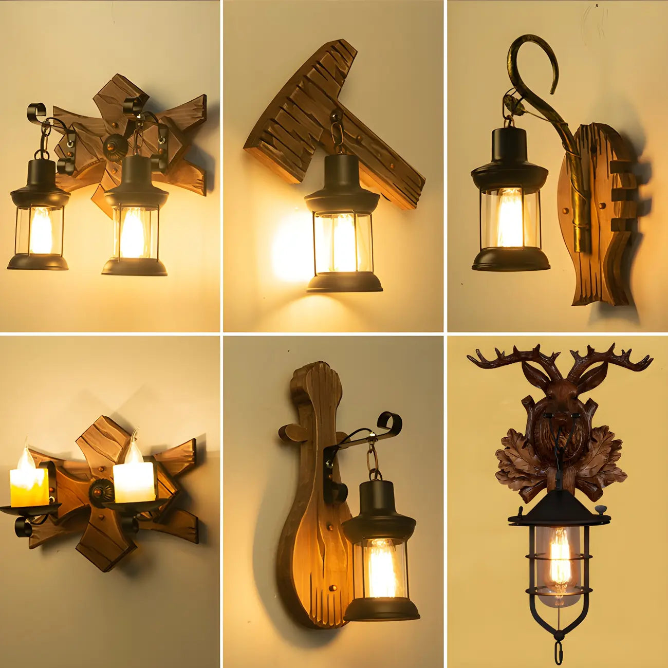 Applique murale LED style lanterne industrielle vintage avec accent en bois