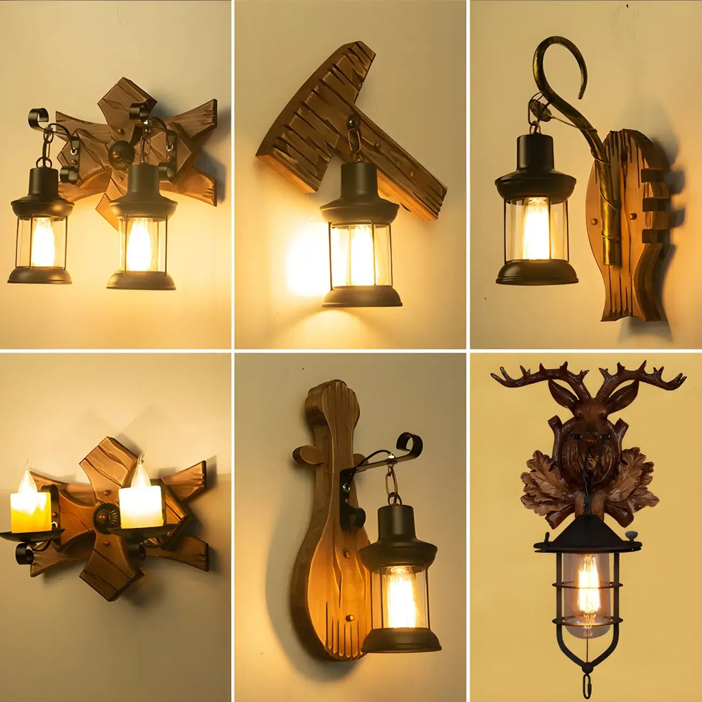 Applique murale LED style lanterne industrielle vintage avec accent en bois