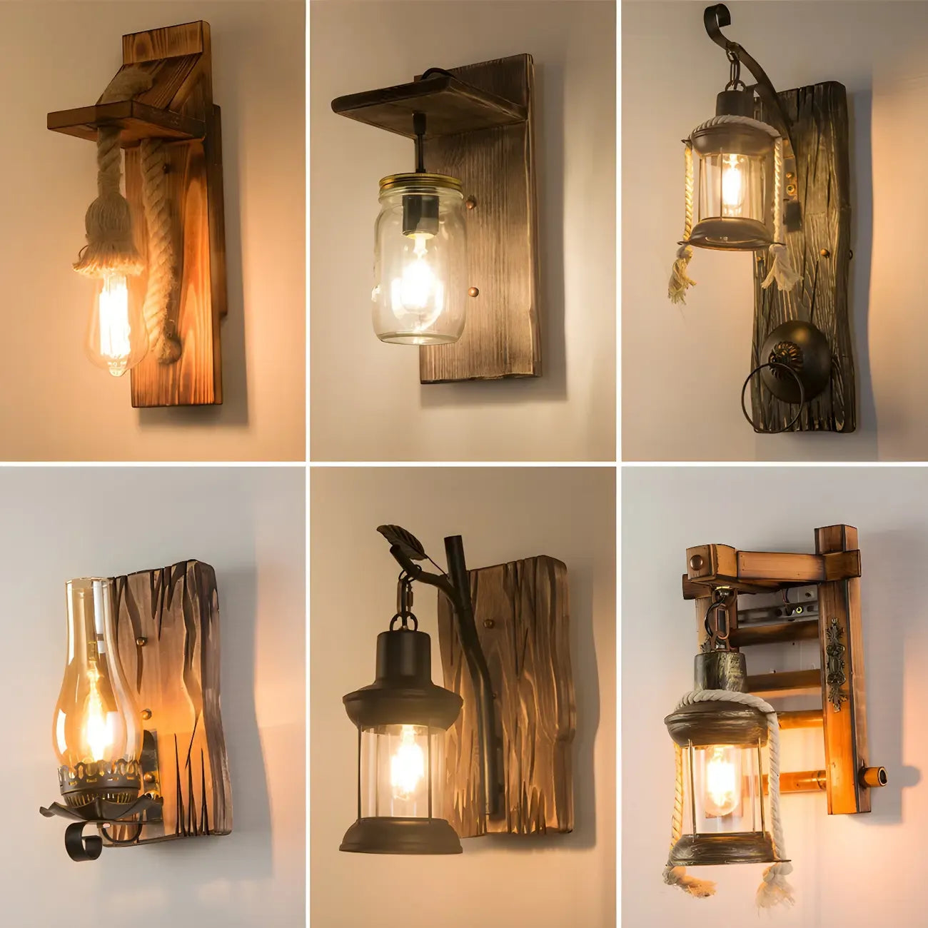 Applique murale LED style lanterne industrielle vintage avec accent en bois