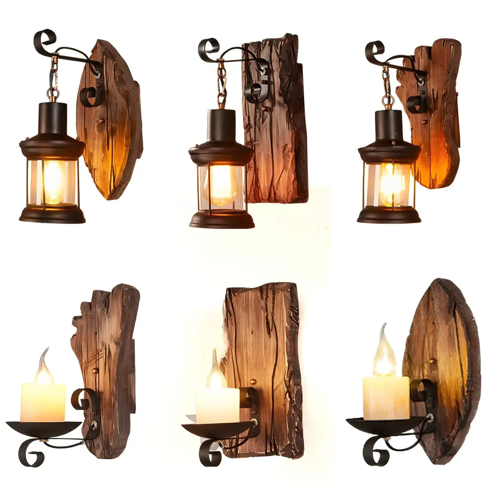 Applique murale LED style lanterne industrielle vintage avec accent en bois