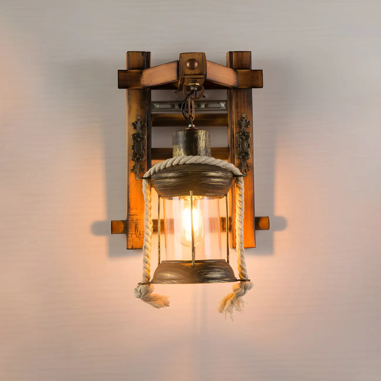 Applique murale LED style lanterne industrielle vintage avec accent en bois