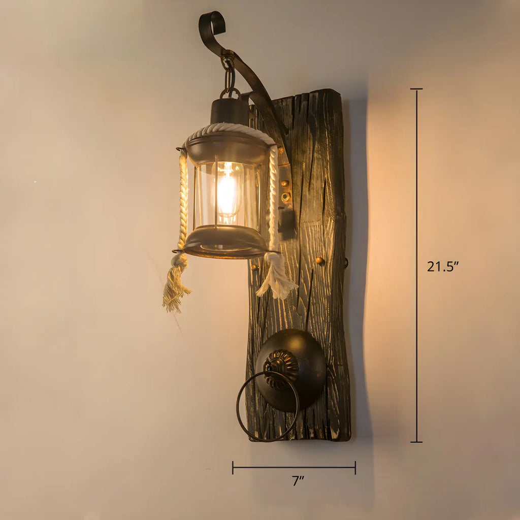 Applique murale LED style lanterne industrielle vintage avec accent en bois