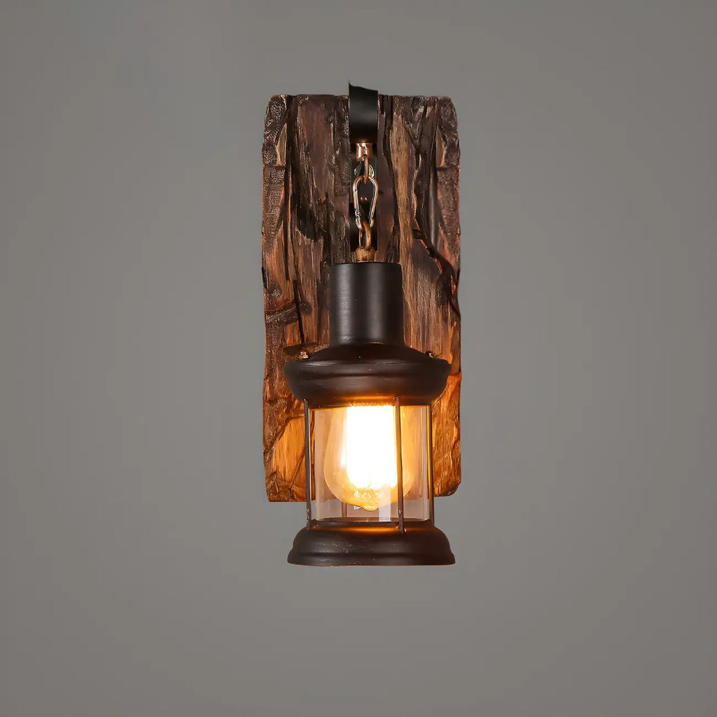 Applique murale LED style lanterne industrielle vintage avec accent en bois