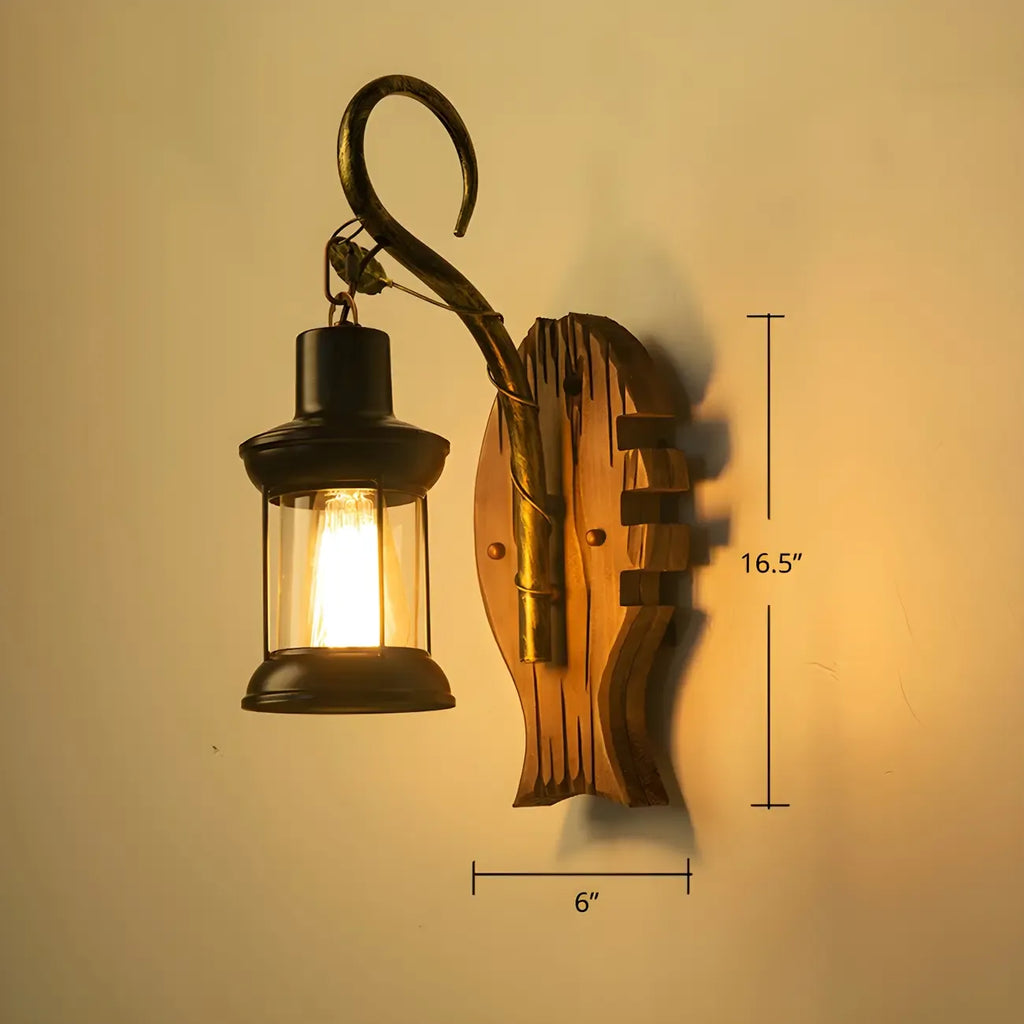 Applique murale LED style lanterne industrielle vintage avec accent en bois