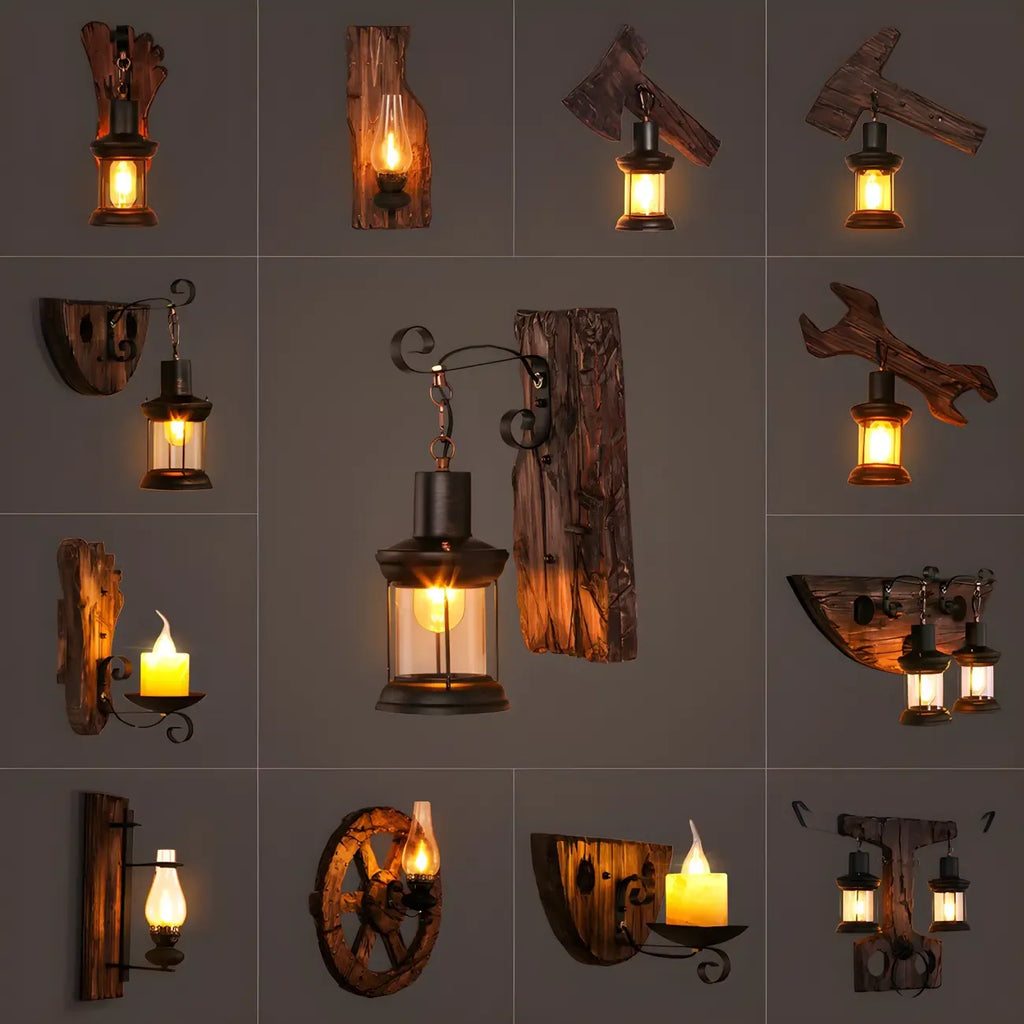 Applique murale industrielle en bois vieilli et verre noir