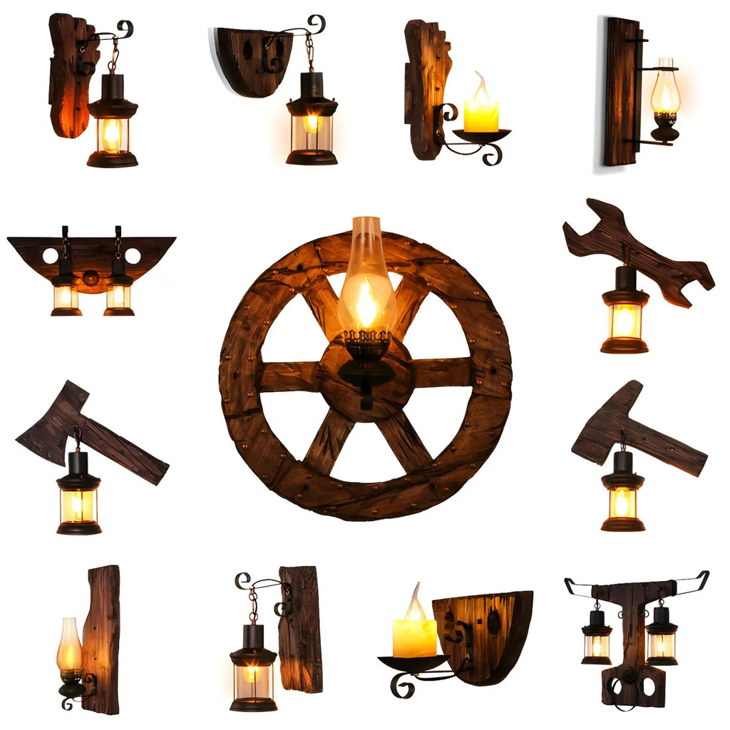 Applique murale industrielle en bois vieilli et verre noir