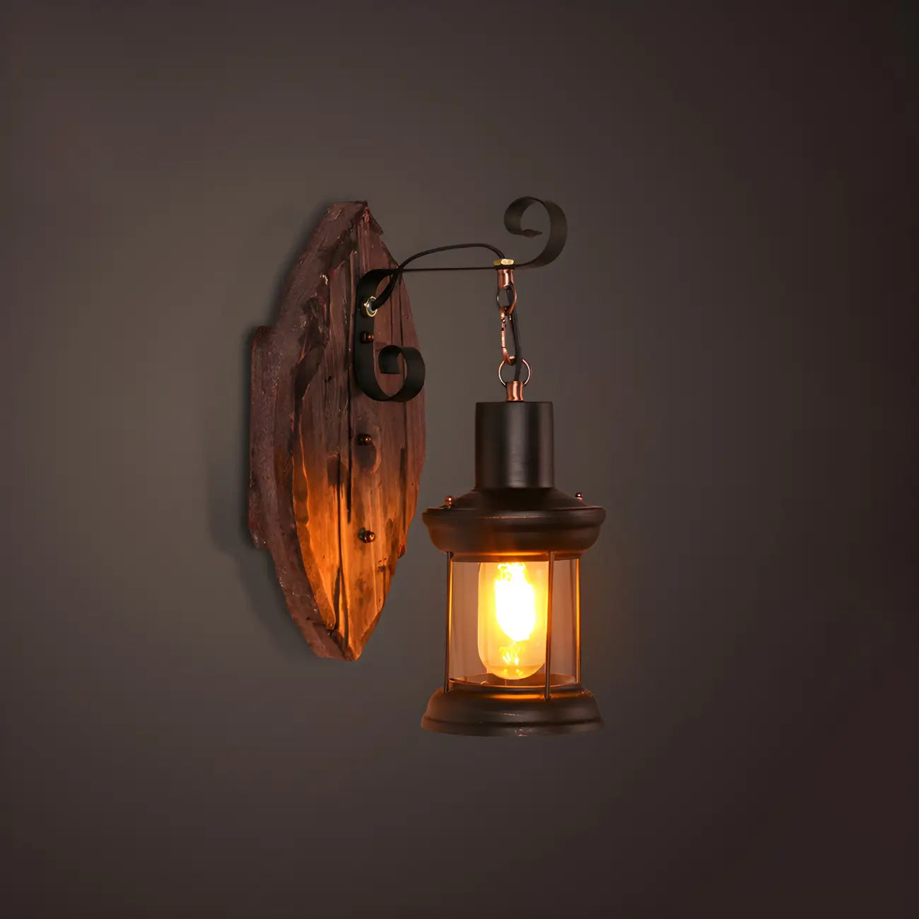 Applique murale industrielle en bois vieilli et verre noir