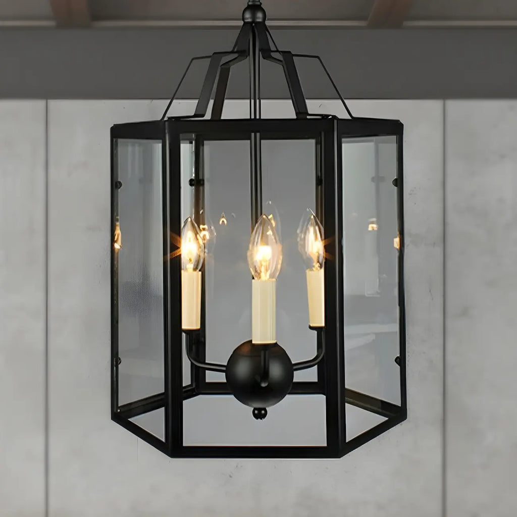 Lustre suspendu vintage en verre transparent à 3 lumières, noir et blanc, avec suspension pour bougies.