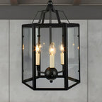 Lustre suspendu vintage en verre transparent à 3 lumières, noir et blanc, avec suspension pour bougies.