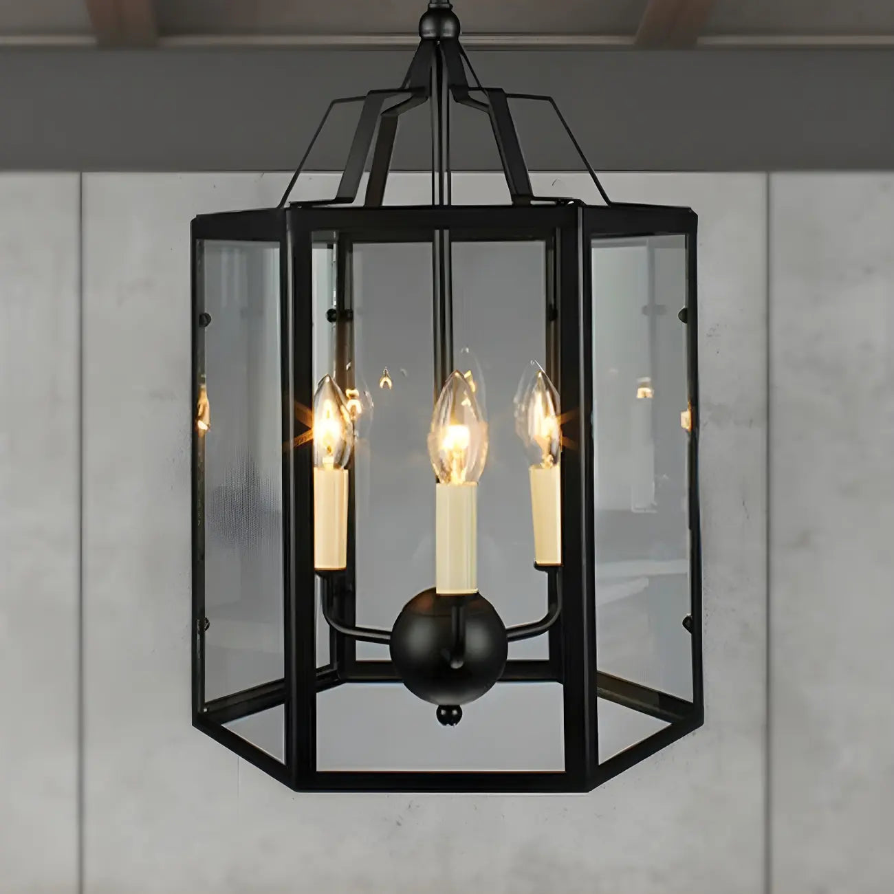 Lustre suspendu vintage en verre transparent à 3 lumières, noir et blanc, avec suspension pour bougies.