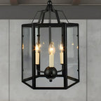 Lustre suspendu vintage en verre transparent à 3 lumières, noir et blanc, avec suspension pour bougies.