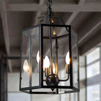 Lustre suspendu vintage en verre transparent à 3 lumières, noir et blanc, avec suspension pour bougies.