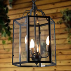 Lustre suspendu vintage en verre transparent à 3 lumières, noir et blanc, avec suspension pour bougies.