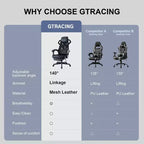 GTRACING Sedia Gaming Sedia da Ufficio in Rete Ergonomica Reclinabile con Poggiapiedi Nera