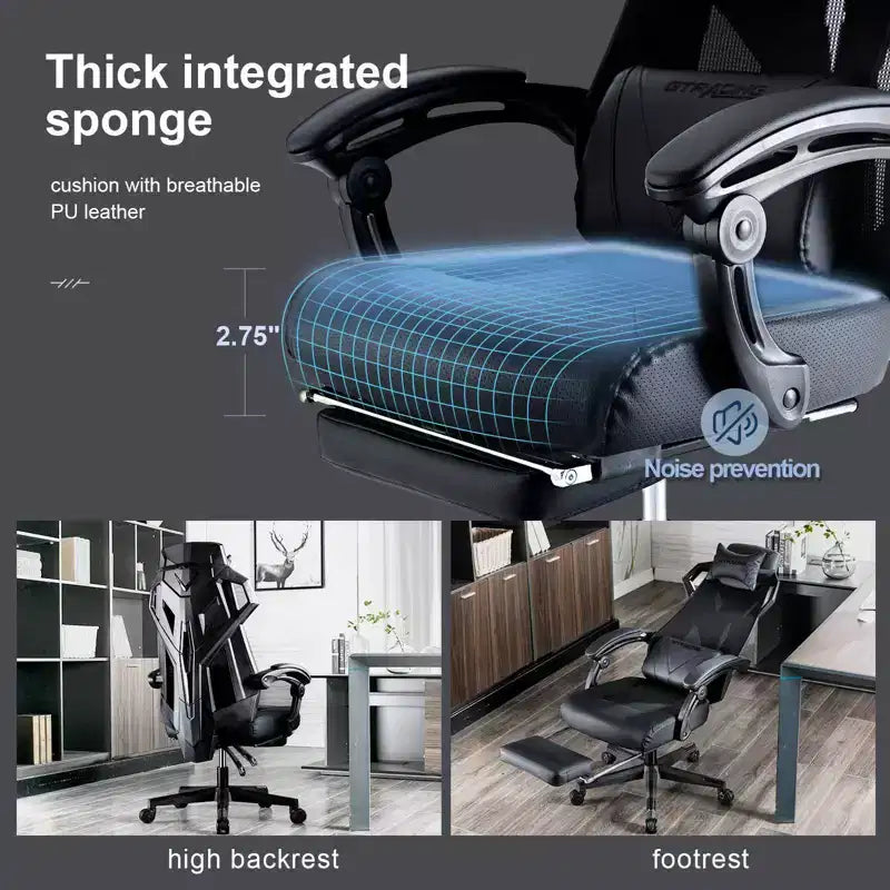 GTRACING Sedia Gaming Sedia da Ufficio in Rete Ergonomica Reclinabile con Poggiapiedi Nera