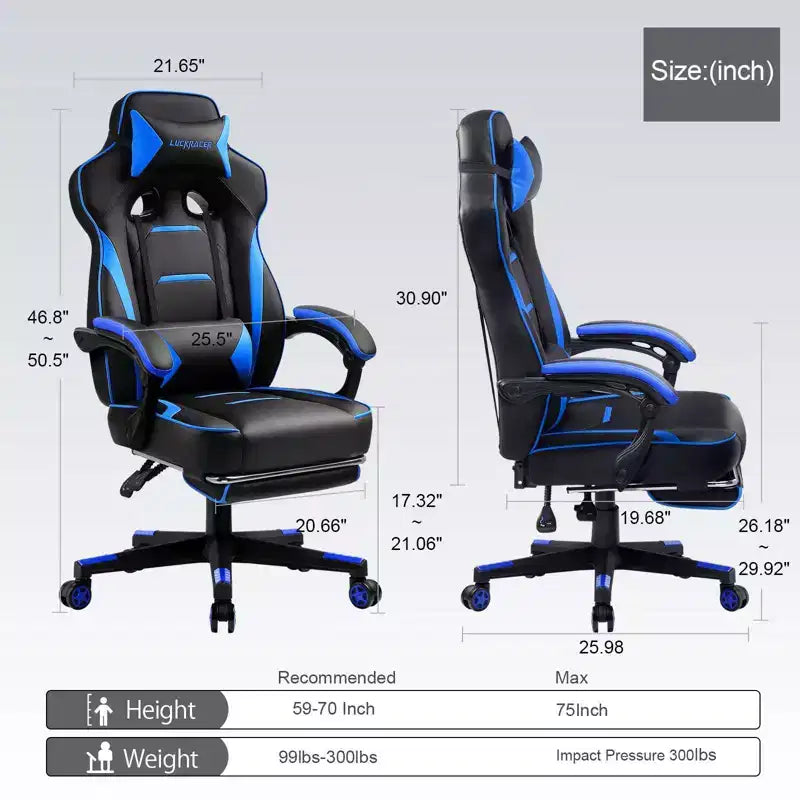 LUCKRACER Sedia Gaming con Poggiapiedi, Sedia da Ufficio Ergonomica con Schienale Alto, Sedia da Scrivania, Blu