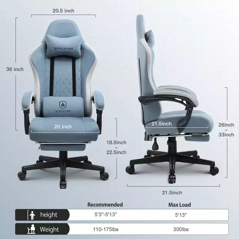 Chaise de gaming GTPLAYER en tissu avec accoudoirs synchronisés, chaise de bureau, bleu clair