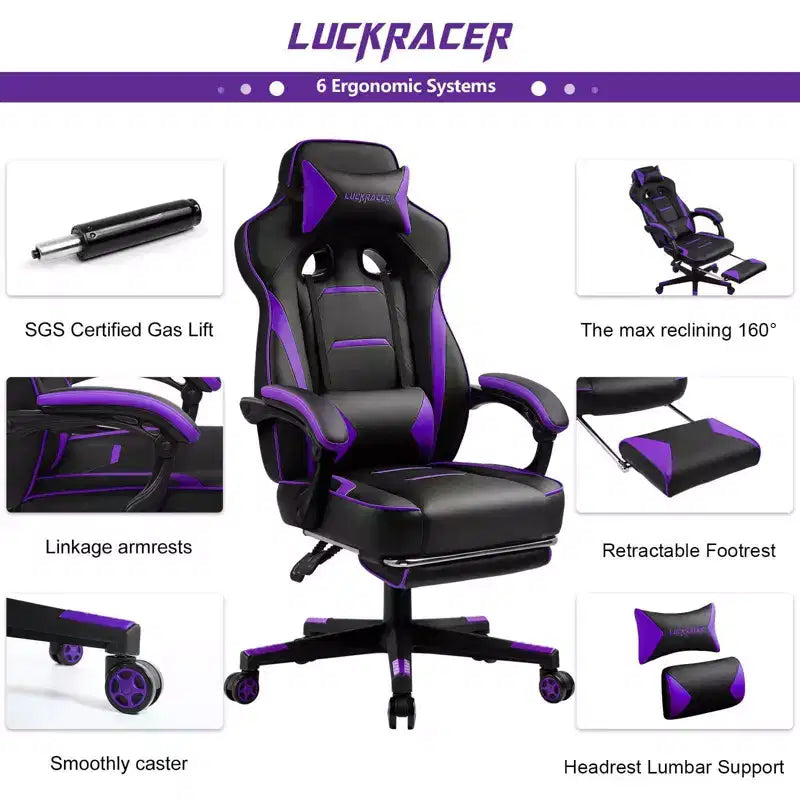 Chaise de jeu LUCKRACER avec repose-pieds Chaise de bureau ergonomique à dossier haut pour ordinateur Bureau Violet