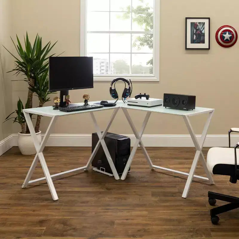 Bureau d'angle moderne en verre blanc pour gamer - Saracina Home