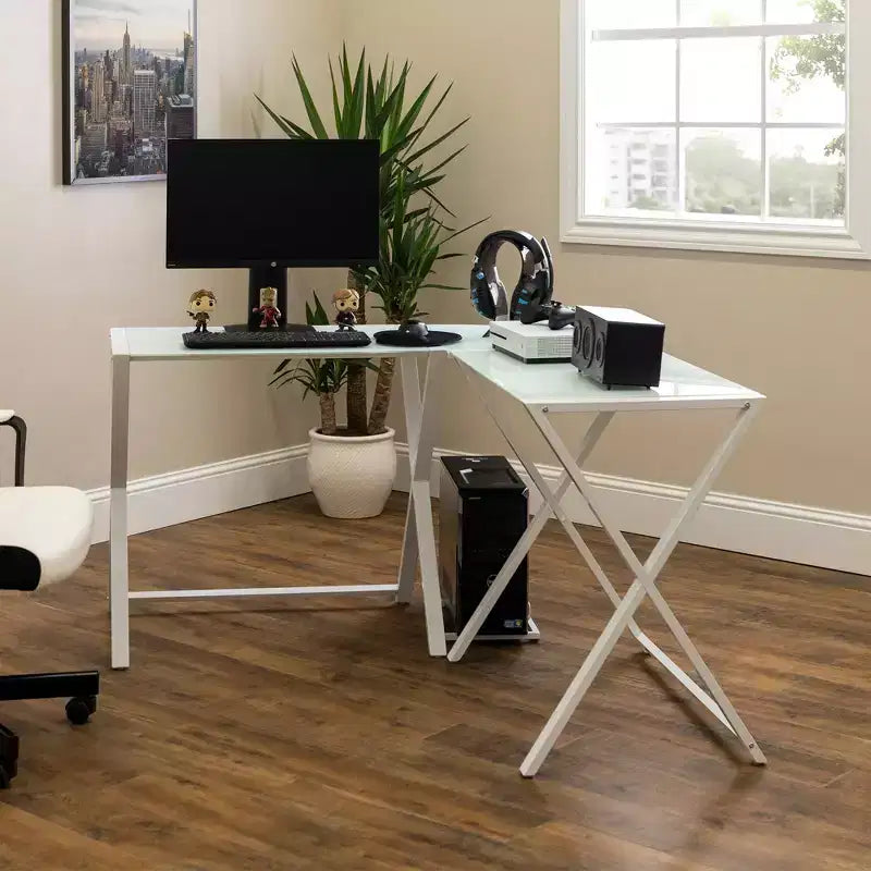 Bureau d'angle moderne en verre blanc pour gamer - Saracina Home