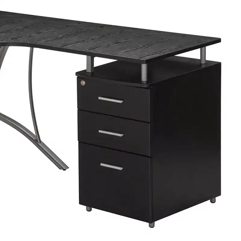 Bureau d'ordinateur moderne en L Techni Mobili avec classeur et rangements marron expresso : Poste de travail de bureau, construction en MDF et acier