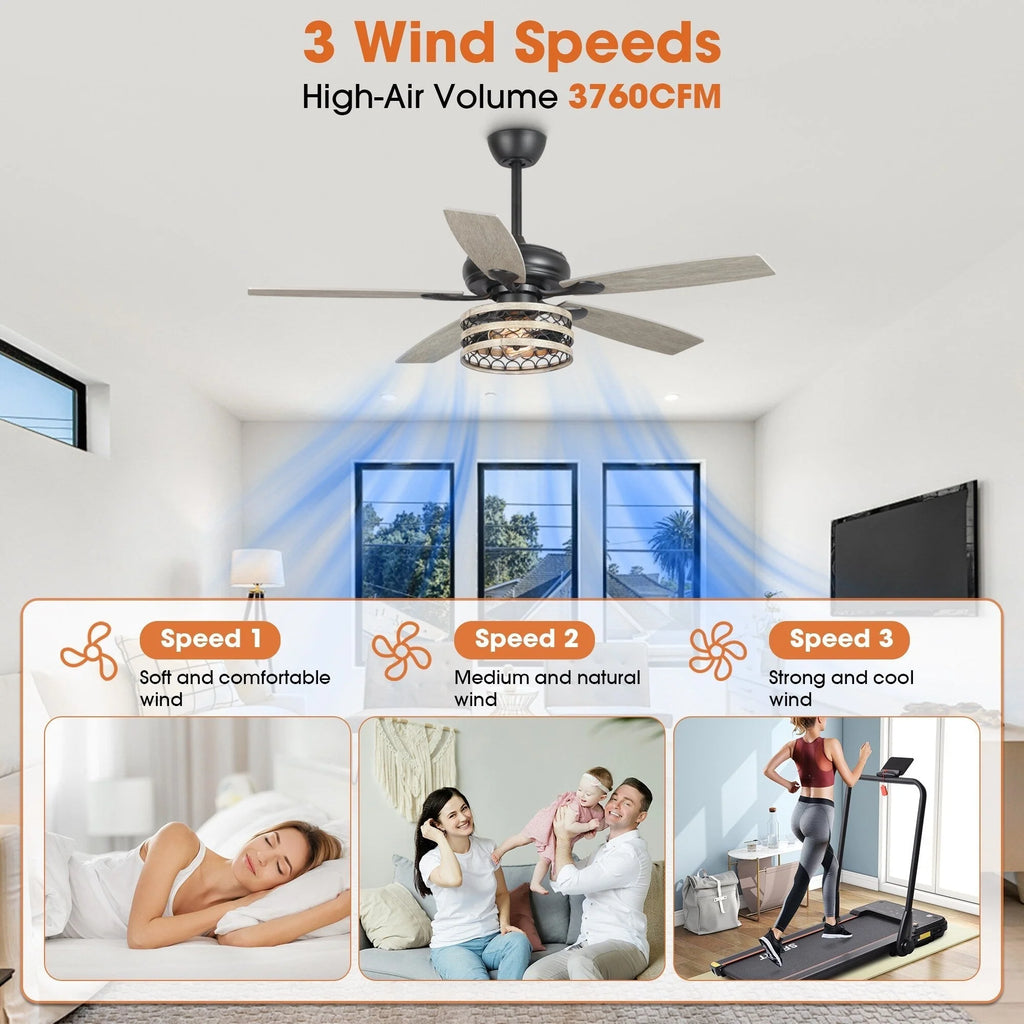 Ventilateur de plafond 5 pales noir à cage, style ferme, avec télécommande