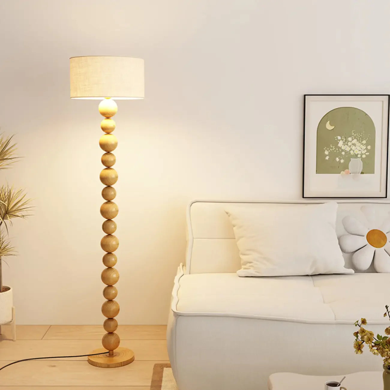 Lampadaire décoratif moderne à boules empilées avec abat-jour en tissu