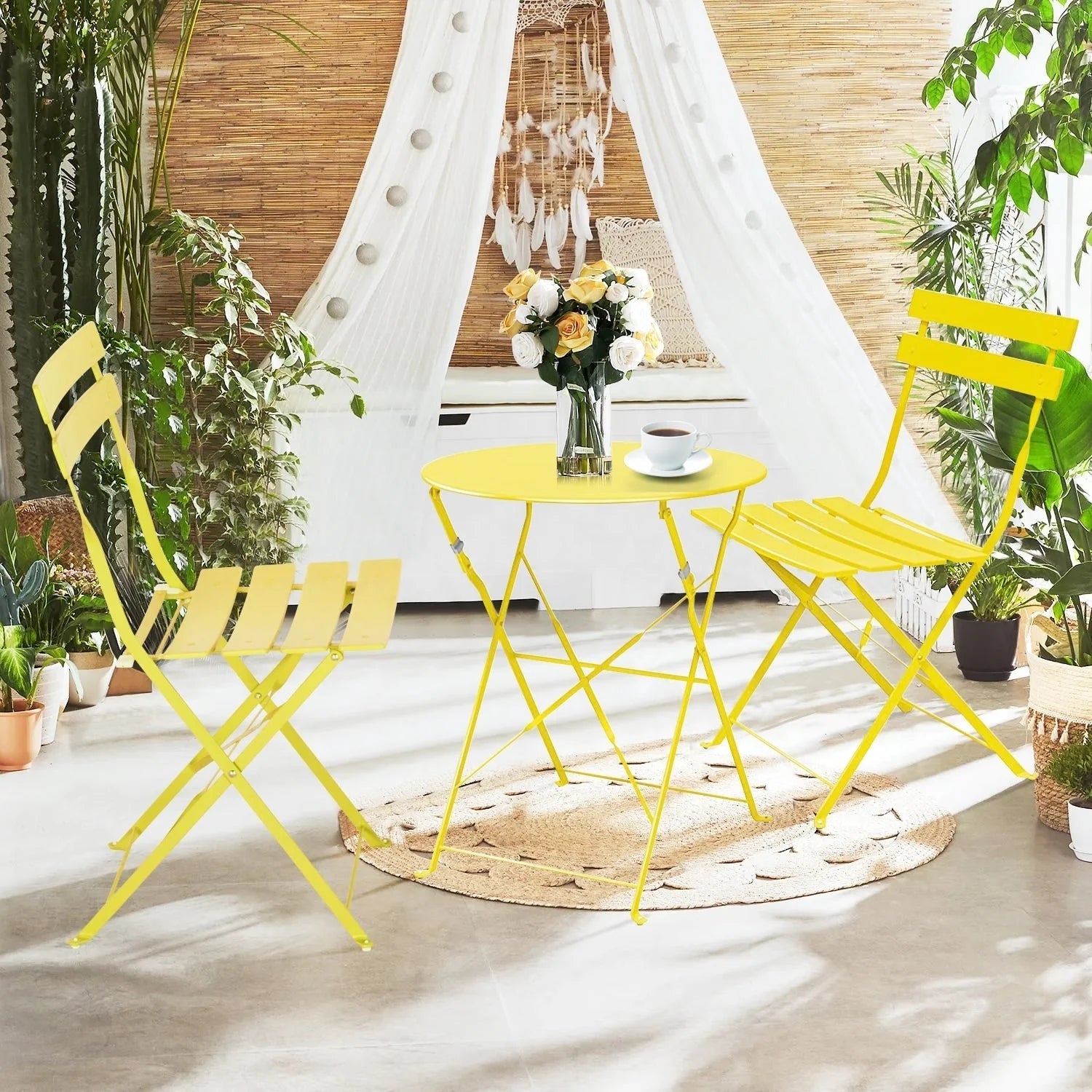 Set bistro pieghevole in metallo da 3 pezzi, set conversazione resistente alle intemperie per esterni/interni, per patio, cortile, giardino