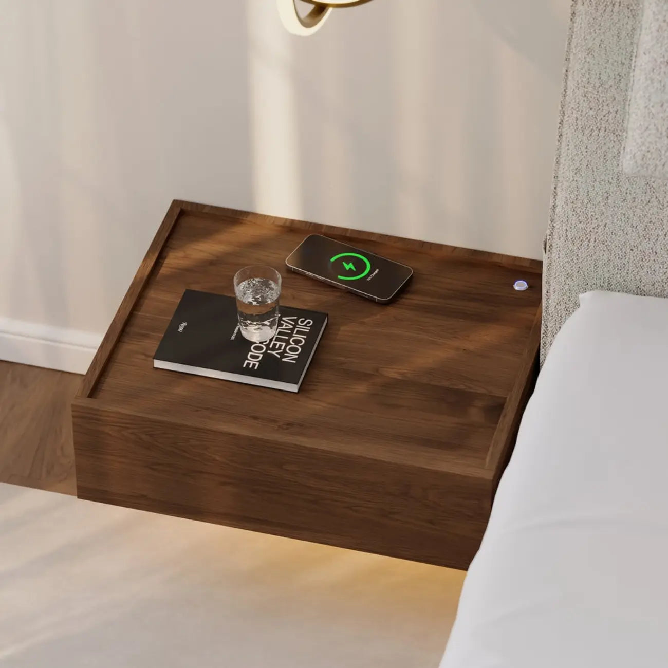 Ensemble de 2 tables de chevet flottantes en noyer avec chargeur sans fil LED