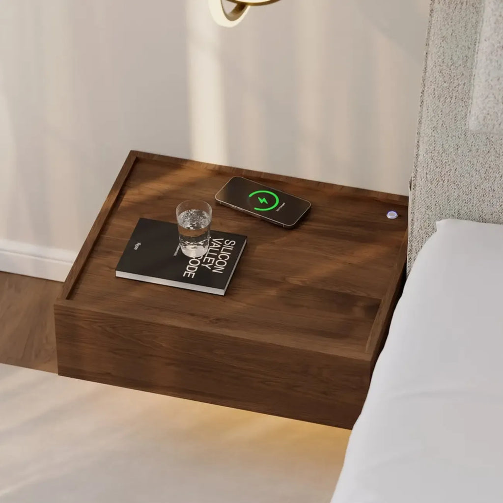 Ensemble de 2 tables de chevet flottantes en noyer avec chargeur sans fil LED