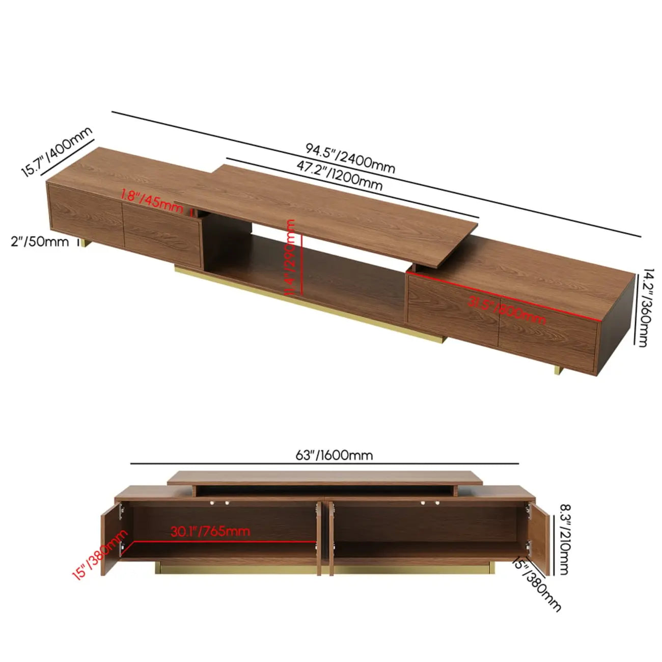 Meuble TV extensible en noyer avec rangement ouvert