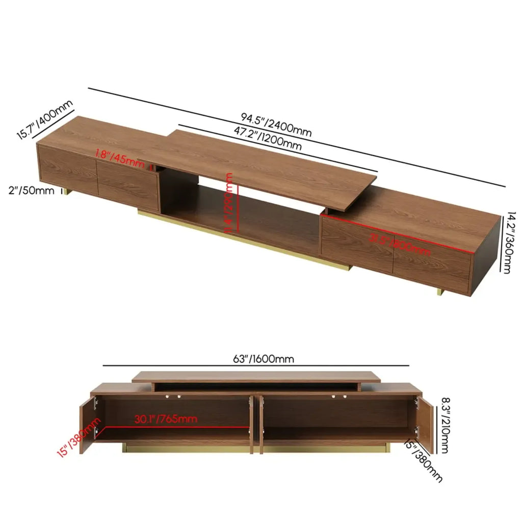 Meuble TV extensible en noyer avec rangement ouvert
