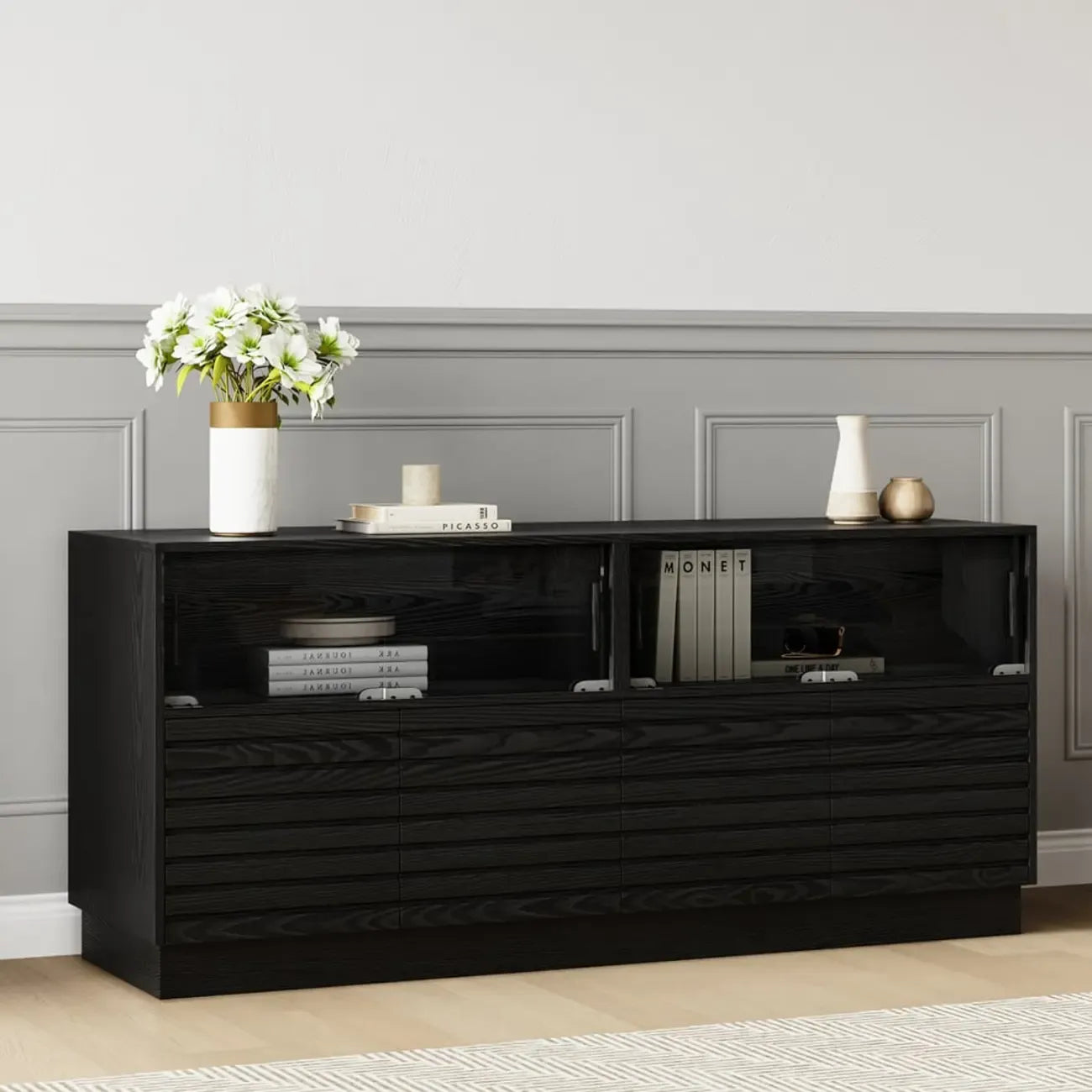 Meuble TV LED rectangulaire moderne en bois noir